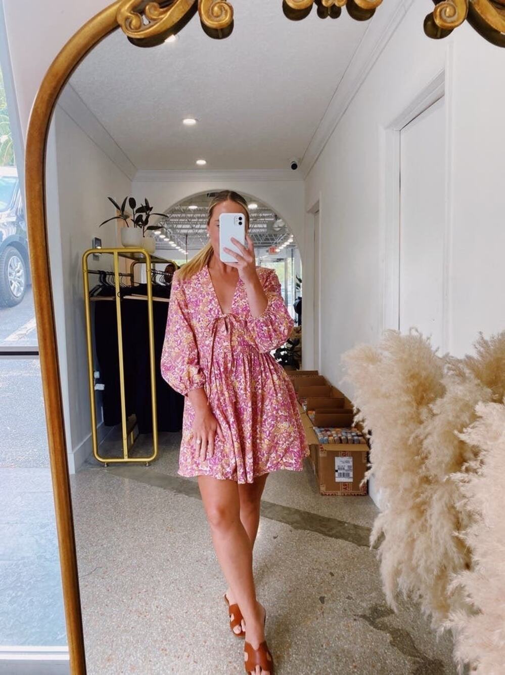 VANESSA BRUNO Pink Orange Floral 100% Cotton 3/4 Sleeve Tie Front Theis Dress S